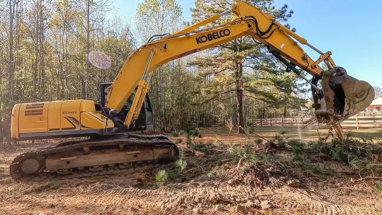 Tracked excavator clearing small pines and brush from a pine woodlot